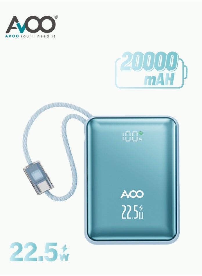 أفو باور بنك شحن متنقل صغير وخفيف 20000mAh شحن سريع PD مع سلكين مدمجين – بطارية متنقلة بلون ازرق  الأنيق للآيفون وسامسونج وأندرويد - Image 1