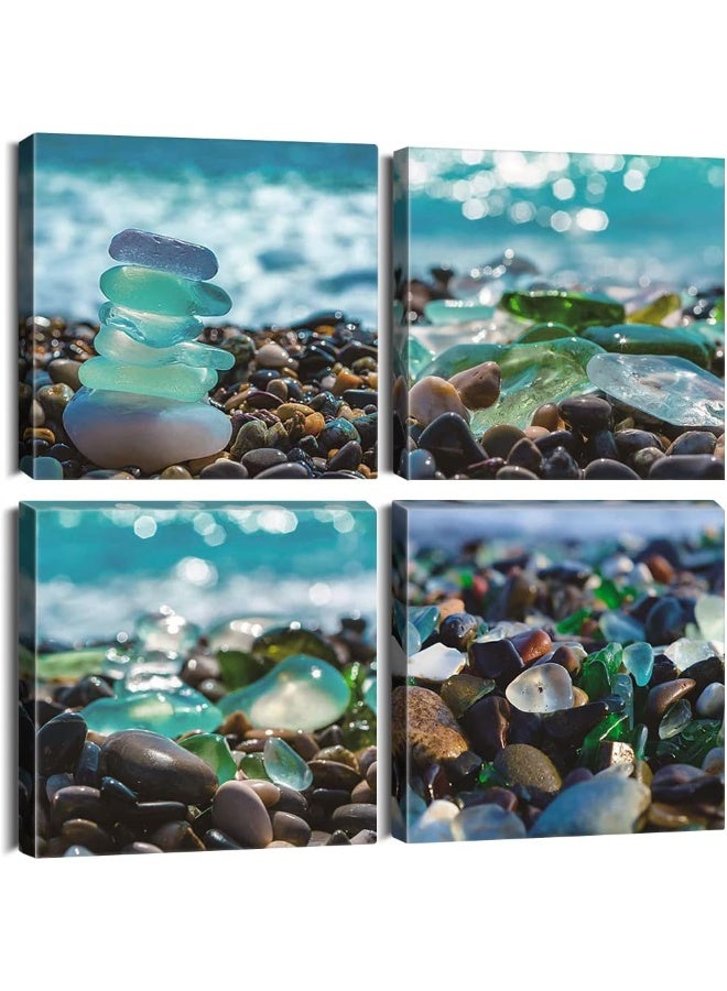 Sungeek 4-Piece Canvas Pictures with Wooden Frame, Canvas Print Pictures 30 x 30 cm, Modern Wall Pictures, Art Print, Wall Decoration for Living Room, Bedroom, Home, Office, Dining Room (Beach Stones) - Image 1