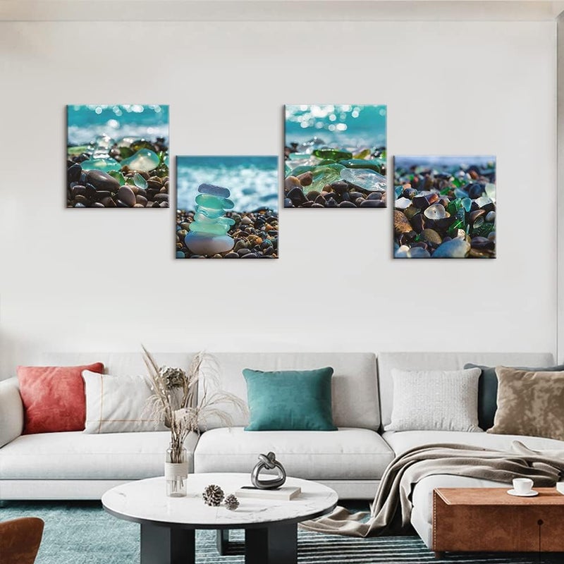 Sungeek 4-Piece Canvas Pictures with Wooden Frame, Canvas Print Pictures 30 x 30 cm, Modern Wall Pictures, Art Print, Wall Decoration for Living Room, Bedroom, Home, Office, Dining Room (Beach Stones) - Image 4