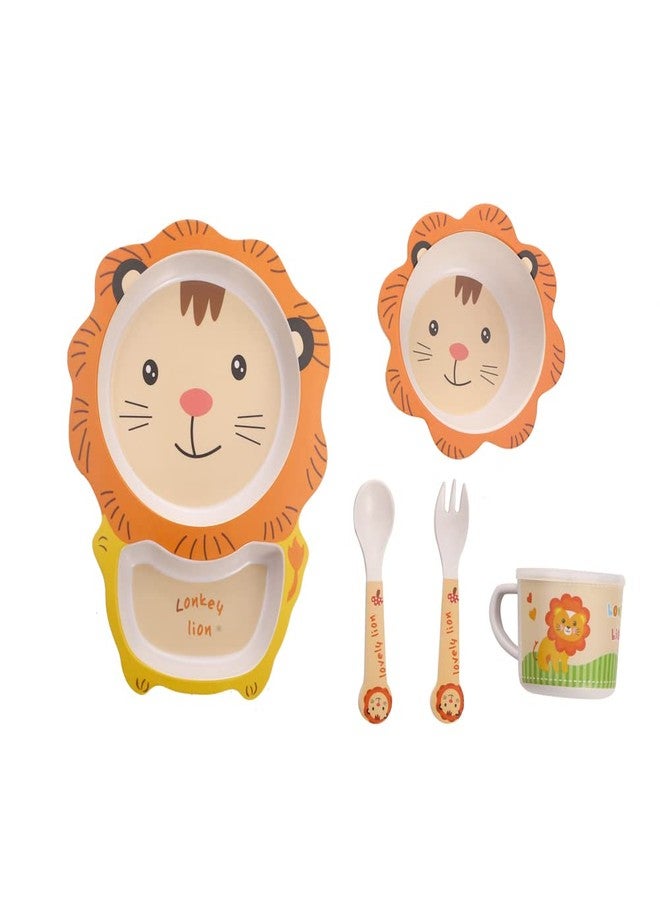Fekdod Kids Dinnerware Set Bamboo 5 Pcs with Plate Bowl Cup Fork Spoon (Lion) - Image 1