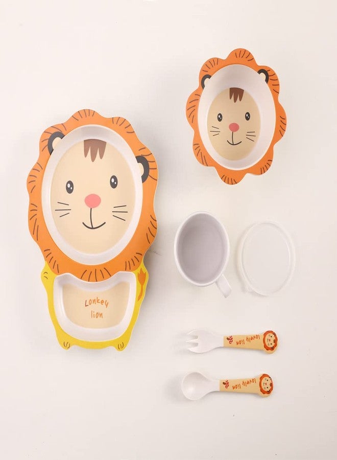 Fekdod Kids Dinnerware Set Bamboo 5 Pcs with Plate Bowl Cup Fork Spoon (Lion) - Image 2