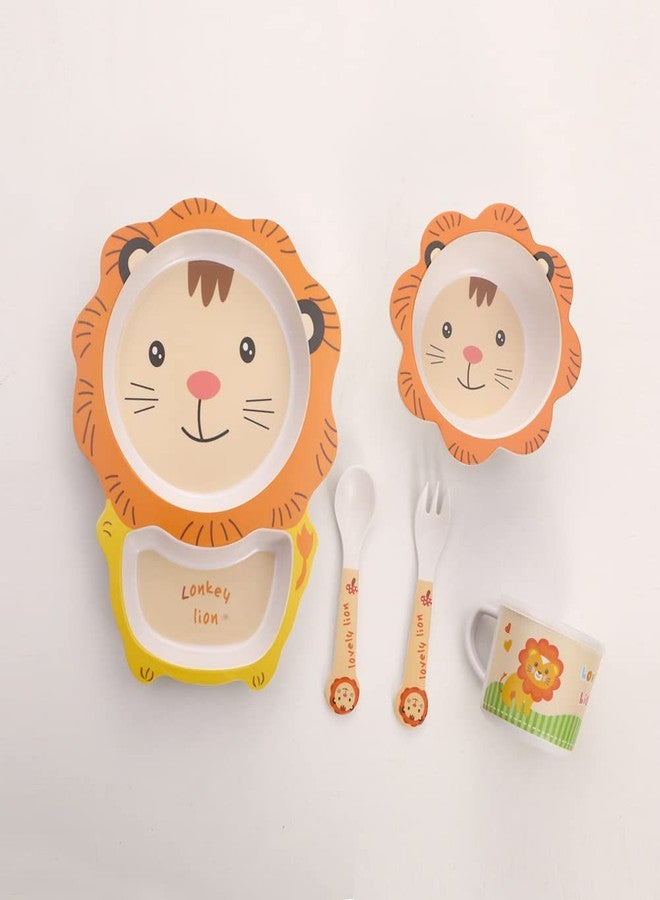 Fekdod Kids Dinnerware Set Bamboo 5 Pcs with Plate Bowl Cup Fork Spoon (Lion) - Image 3