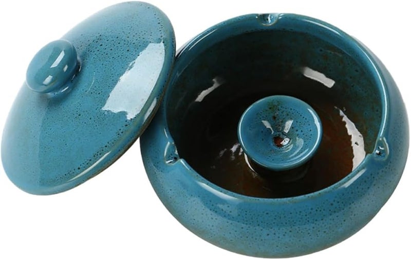 Vintage Blue Ceramic Ashtray with Lid Creative Desktop Ash Holder for Home Office - Image 1