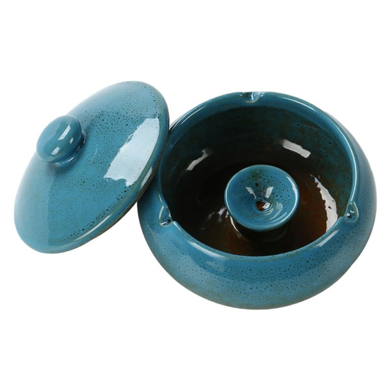Vintage Blue Ceramic Ashtray with Lid Creative Desktop Ash Holder for Home Office - Image 2