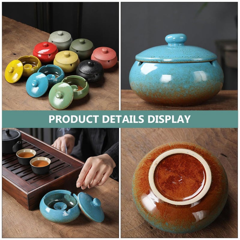 Vintage Blue Ceramic Ashtray with Lid Creative Desktop Ash Holder for Home Office - Image 4