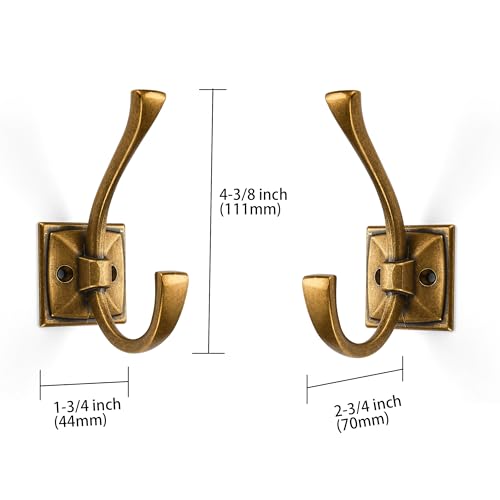ZAUYX Large Wall Hooks 2 Pack Antique Brass Coat Hardware for Hanging 435 Inch Double Robe Wall Mounted With Screws for Key Towel Bags Cup Hat - Image 3