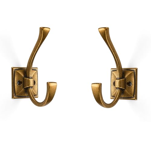 ZAUYX Large Wall Hooks 2 Pack Antique Brass Coat Hardware for Hanging 435 Inch Double Robe Wall Mounted With Screws for Key Towel Bags Cup Hat - Image 1