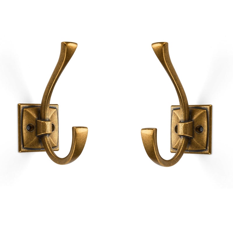 ZAUYX Large Wall Hooks 2 Pack Antique Brass Coat Hardware for Hanging 435 Inch Double Robe Wall Mounted With Screws for Key Towel Bags Cup Hat - Image 2