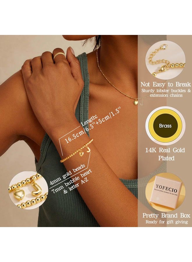 YOFECIO Gold Initial Bracelet for Women - Dainty Gold Beaded Bracelets for Women 14K Gold Plated Heart Initial Bracelets Balloon Letter A-Z Charm Bracelets Personalized Jewelry, Medium, Cubic Zirconia - Image 2