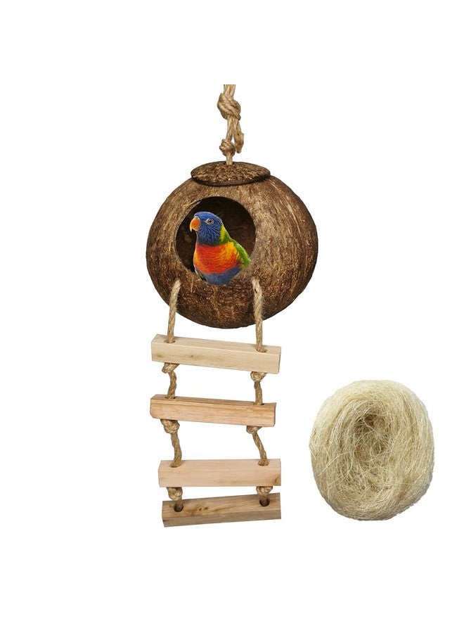هامليدي بيت الطيور المعلق مع سلم من ألياف جوز الهند الطبيعية لتربية الطيور والببغاوات والطيور العاشبة والكناري وجوز الهند وجلود الطيور وأرجوحة الطيور والألعاب للهامستر وإكسسوارات قفص الطيور ومستلزمات الطيور الأليفة - Image 1