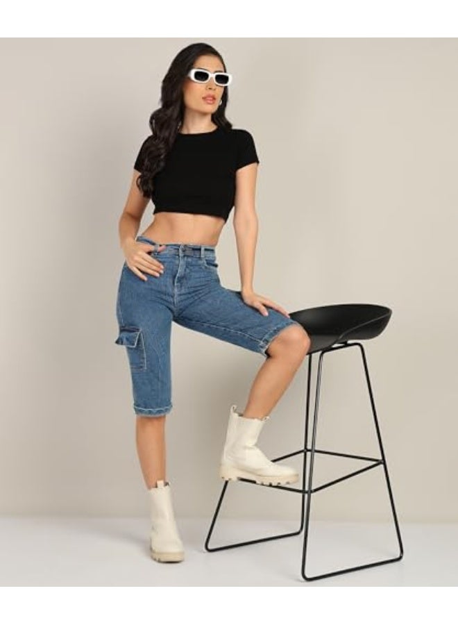 Nifty Women's Denim Straight Fit Cargo Capris - Image 2