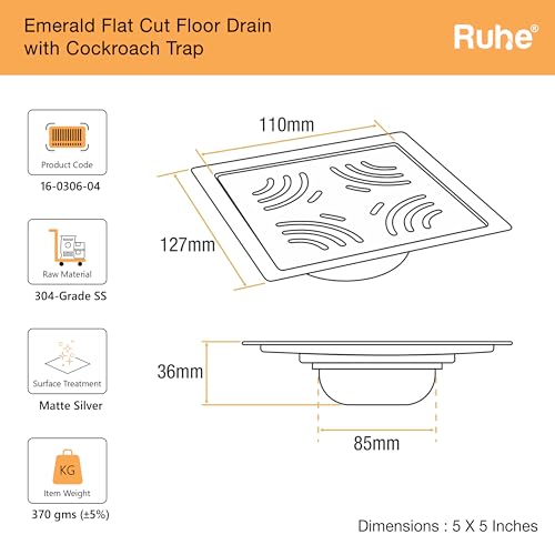 Ruhe® 5x5 Inches Stainless Steel Exclusive Emerald Floor Drainer | 304-Grade | Square Flat Cut with Cockroach Trap/Jali - Image 2