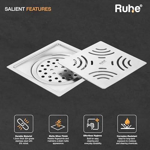 Ruhe® 5x5 Inches Stainless Steel Exclusive Emerald Floor Drainer | 304-Grade | Square Flat Cut with Cockroach Trap/Jali - Image 3