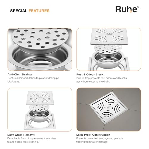 Ruhe® 5x5 Inches Stainless Steel Exclusive Emerald Floor Drainer | 304-Grade | Square Flat Cut with Cockroach Trap/Jali - Image 4