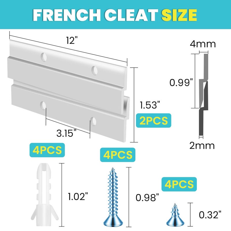 FURWEY French Cleat, Picture and Mirror Hanger, Aluminum French Cleat, Headboard Wall Mounting Brackets with Screws(12 Inch-1 Pair, Support 80 lbs) - Image 2