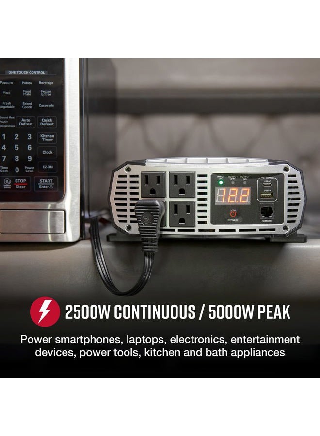 Cobra محول طاقة احترافي PRO 2500W، محمول – شاحن سيارة 2500 واط، 4 مآخذ AC مؤرضة، 2 منفذ USB للشحن السريع وجهاز تحكم عن بعد (CPIALCDG1) متوافق - Image 2