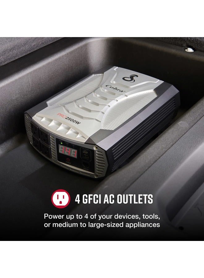 Cobra محول طاقة احترافي PRO 2500W، محمول – شاحن سيارة 2500 واط، 4 مآخذ AC مؤرضة، 2 منفذ USB للشحن السريع وجهاز تحكم عن بعد (CPIALCDG1) متوافق - Image 3