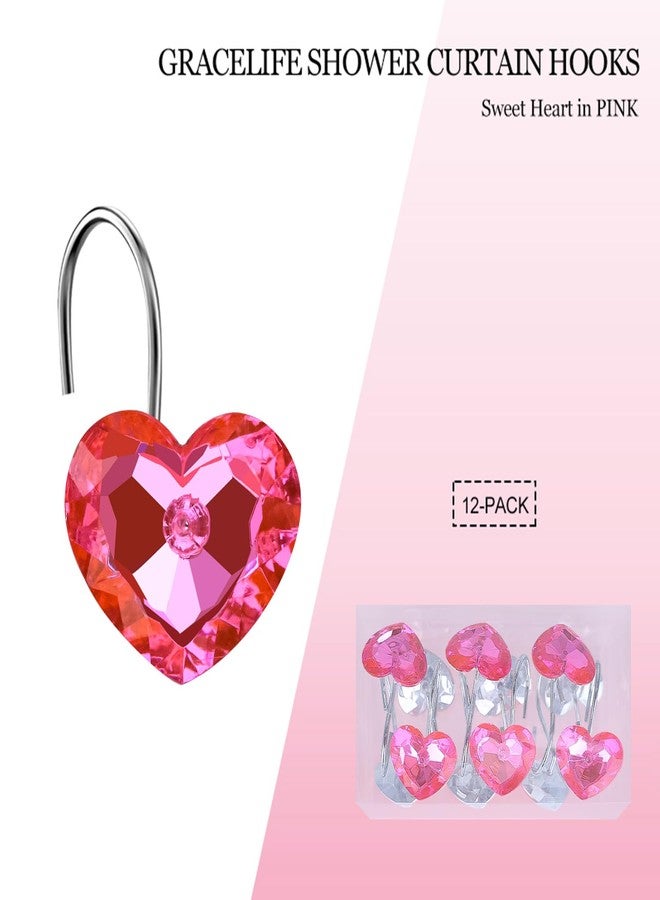 Gracelife Set of 12 Heart Shape Clear Bling Rhinestone Shower Curtain Hooks Rings Love Icon Decorative Curtain Rod Hangers Pothook (Pink) - Image 5