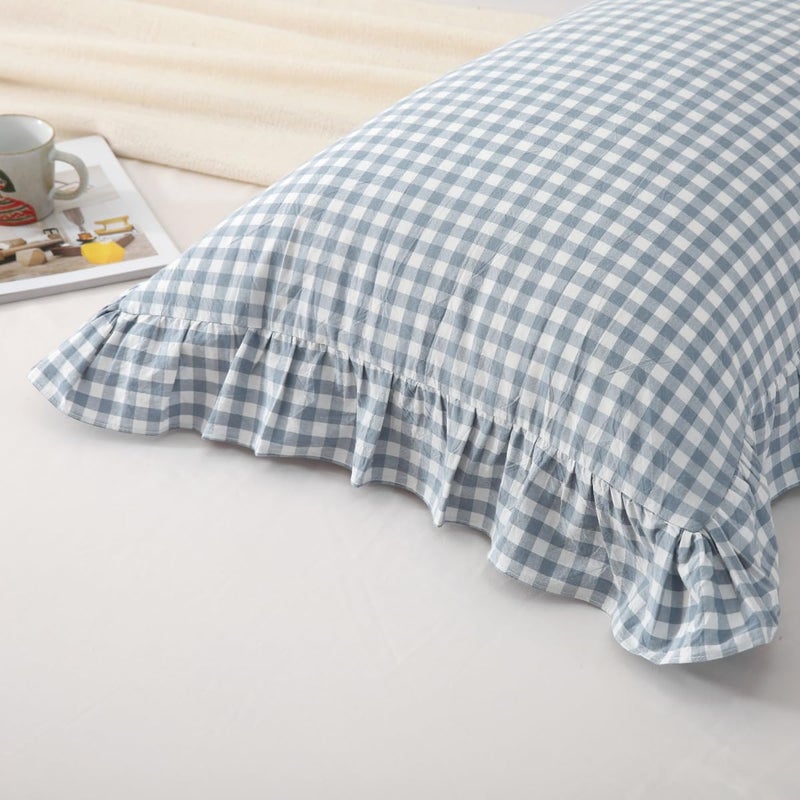 Silnuo Light Blue Plaid Ruffle Pillow Shams Queen Size Set of 2,Washed Cotton Shabby Checkered Gingham Pillow Covers 20x30 Inches - Image 5