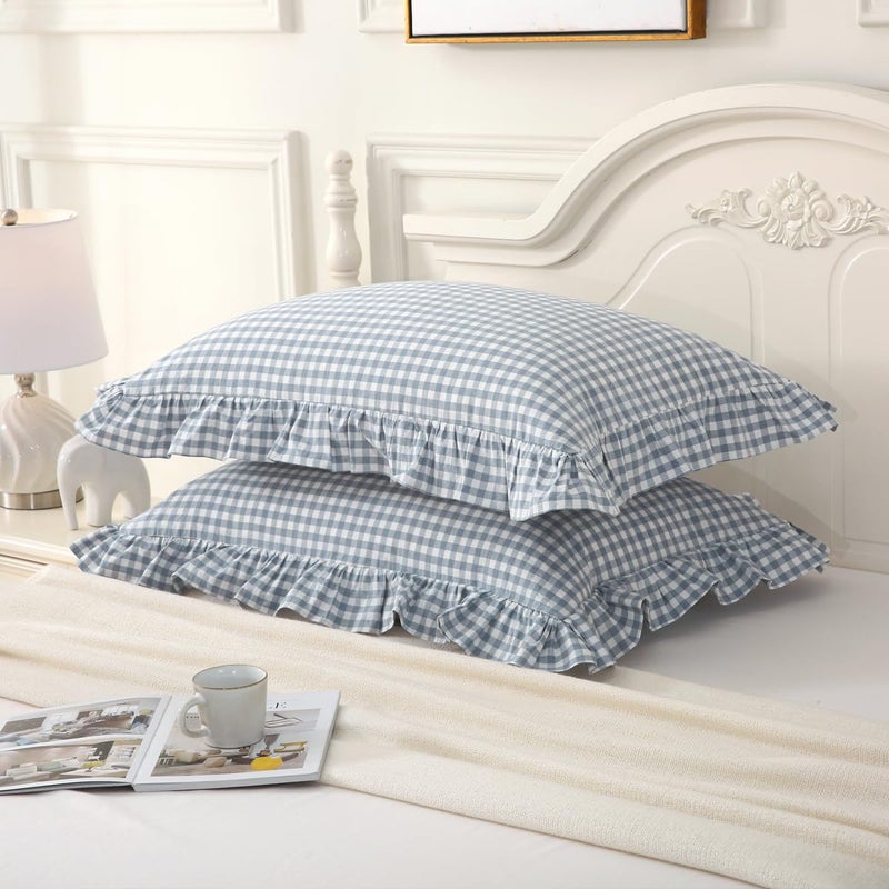 Silnuo Light Blue Plaid Ruffle Pillow Shams Queen Size Set of 2,Washed Cotton Shabby Checkered Gingham Pillow Covers 20x30 Inches - Image 3