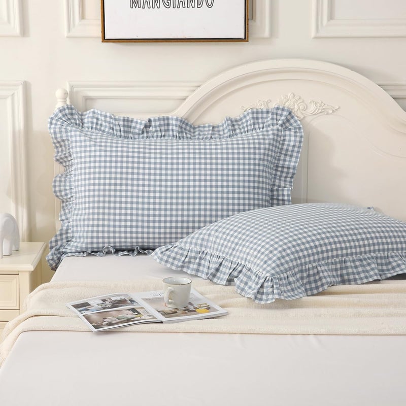 Silnuo Light Blue Plaid Ruffle Pillow Shams Queen Size Set of 2,Washed Cotton Shabby Checkered Gingham Pillow Covers 20x30 Inches - Image 1