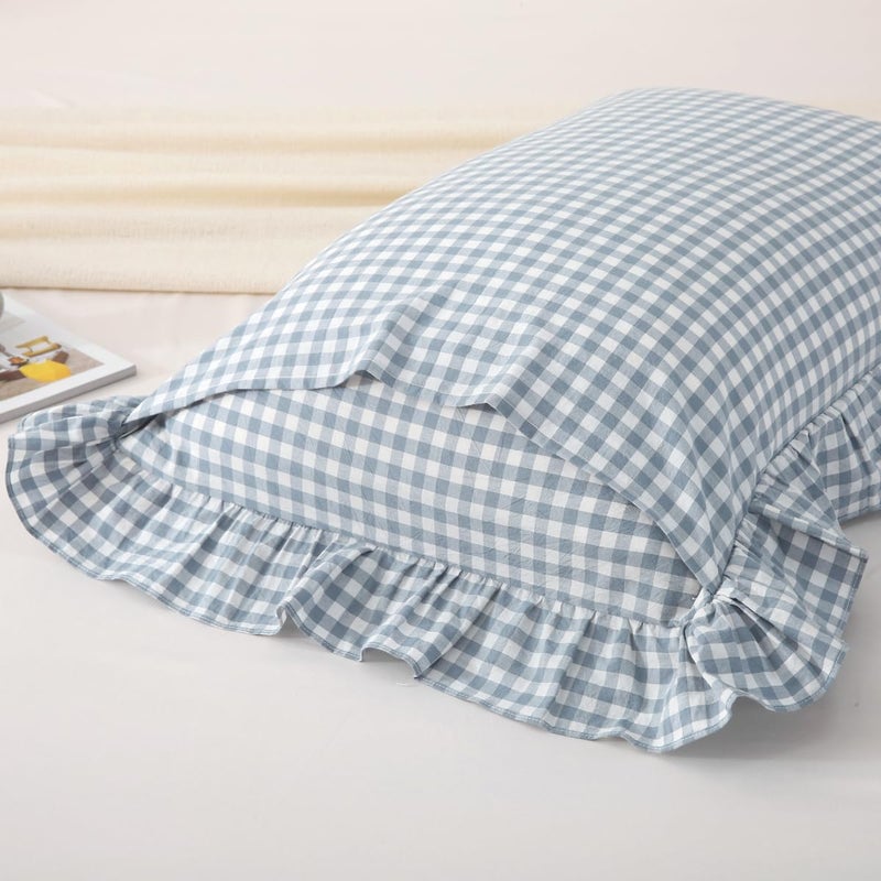 Silnuo Light Blue Plaid Ruffle Pillow Shams Queen Size Set of 2,Washed Cotton Shabby Checkered Gingham Pillow Covers 20x30 Inches - Image 4