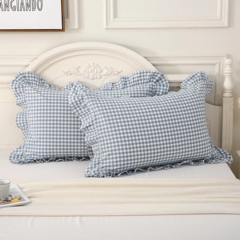 Silnuo Light Blue Plaid Ruffle Pillow Shams Queen Size Set of 2,Washed Cotton Shabby Checkered Gingham Pillow Covers 20x30 Inches - Image 2