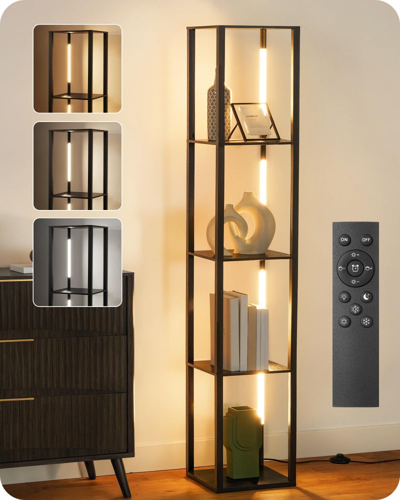 GOEBLESON 64.2" Display Shelf with Light, Modern Corner Floor Lamp with Shelves, LED Dimmable Standing Lamp with Remote for Living Room, Bedroom, Office, Adjustable CCT, Black Square B51LD05 - Image 1