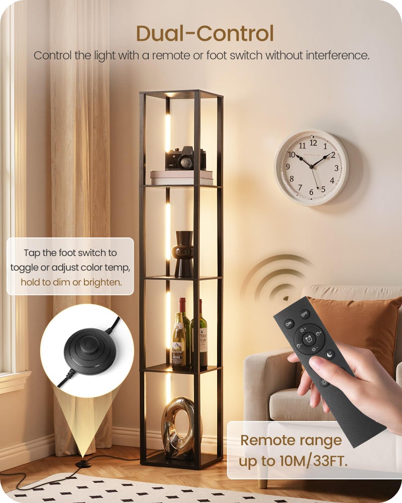 GOEBLESON 64.2" Display Shelf with Light, Modern Corner Floor Lamp with Shelves, LED Dimmable Standing Lamp with Remote for Living Room, Bedroom, Office, Adjustable CCT, Black Square B51LD05 - Image 4