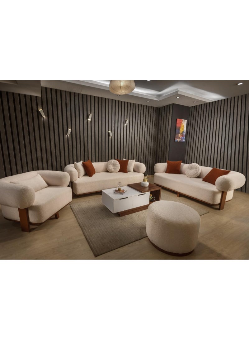 Modern red beech wood living room set - 3-seater sofa + 2-seater sofa + armchair