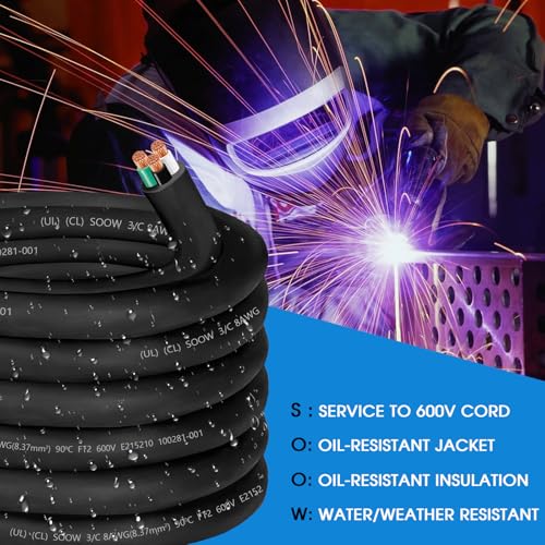 CLLOMAGY 25ft 8/3 8 Gauge SOOW Wire 8 AWG 600V SOOW Bulk Cable Electrical 3 Conductor 35A Portable Power Cable Extension Cord for Welder,Generator,Portable Light,Circuits,EV Car Charger,Motor Lead - Image 5