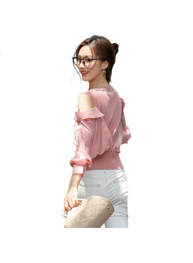 dme Demana [Sweet Cool C Position] Spring French-Style Off-Shoulder Round Neck Design-Inspired Patchwork Sweater, Elegant Twisted Knit Top For Women - Image 1