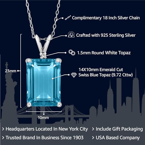 Gem Stone King 9.72 Cttw Swiss Blue Topaz and White Topaz Pendant Necklace For Women | 925 Sterling Silver | Gemstone November Birthstone | Emerald Cut 14X10MM | With 18 Inch Silver Chain - Image 2