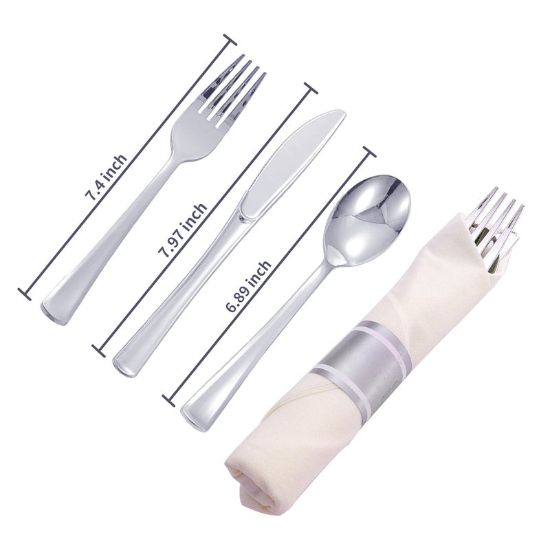 N9R 30 Pack Pre Rolled Silver Plastic Cutlery Set  Wrapped Plastic Silverware Set with 30 Forks  30 Knives  30 Spoons and 30 Napkins  Disposable Cutlery Set for Party and Wedding - Image 2
