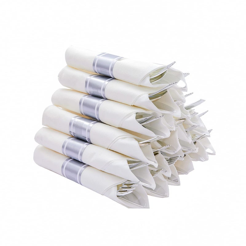 N9R 30 Pack Pre Rolled Silver Plastic Cutlery Set  Wrapped Plastic Silverware Set with 30 Forks  30 Knives  30 Spoons and 30 Napkins  Disposable Cutlery Set for Party and Wedding - Image 1