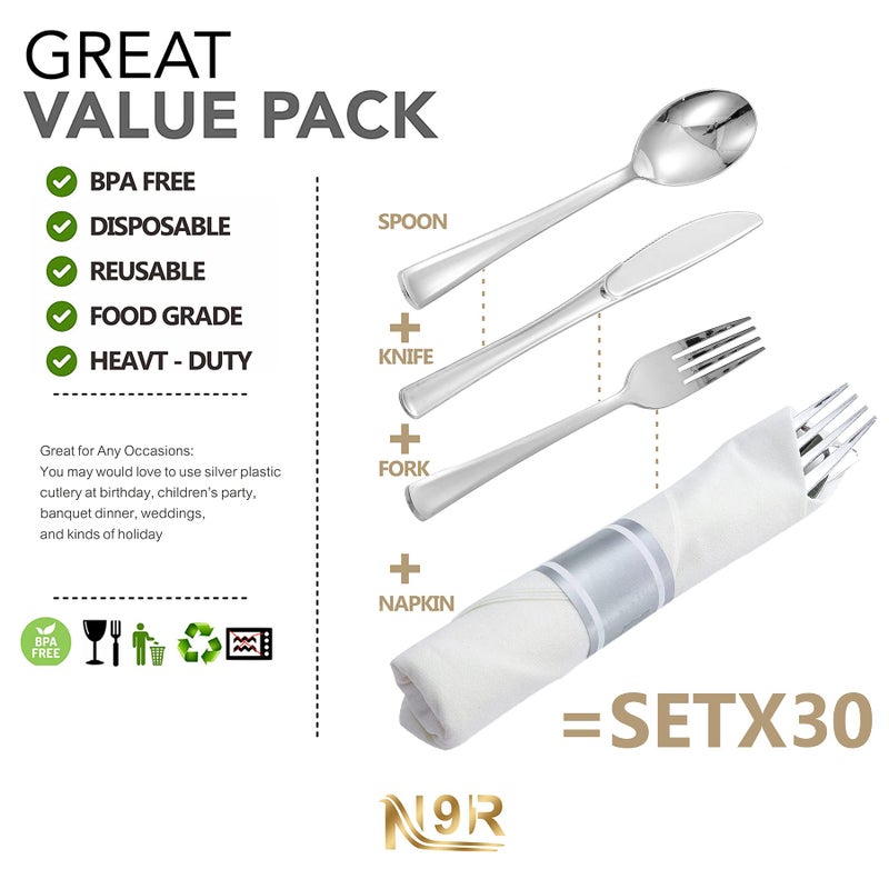 N9R 30 Pack Pre Rolled Silver Plastic Cutlery Set  Wrapped Plastic Silverware Set with 30 Forks  30 Knives  30 Spoons and 30 Napkins  Disposable Cutlery Set for Party and Wedding - Image 3