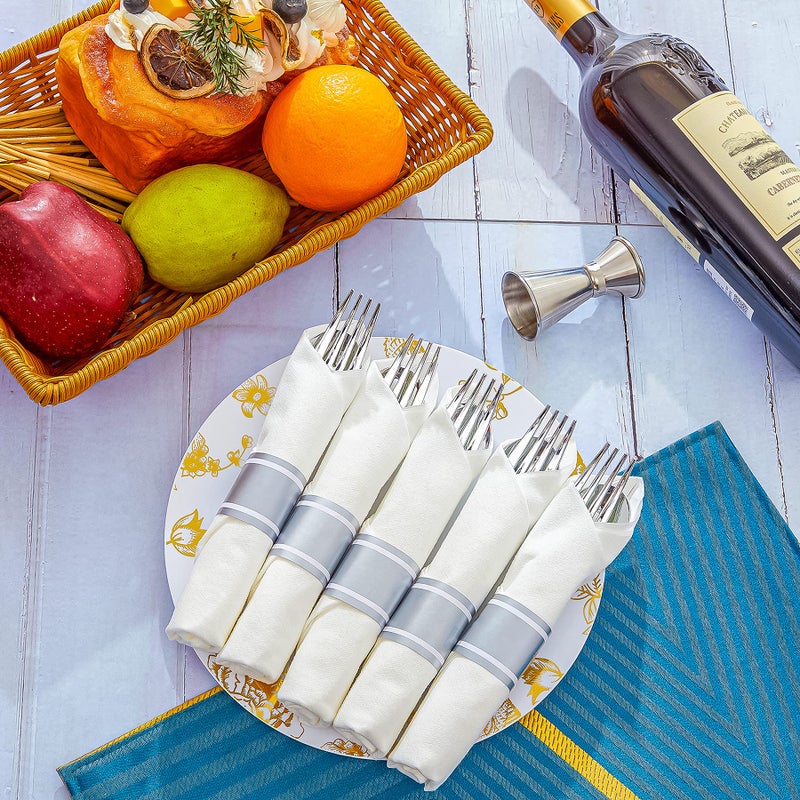 N9R 30 Pack Pre Rolled Silver Plastic Cutlery Set  Wrapped Plastic Silverware Set with 30 Forks  30 Knives  30 Spoons and 30 Napkins  Disposable Cutlery Set for Party and Wedding - Image 5