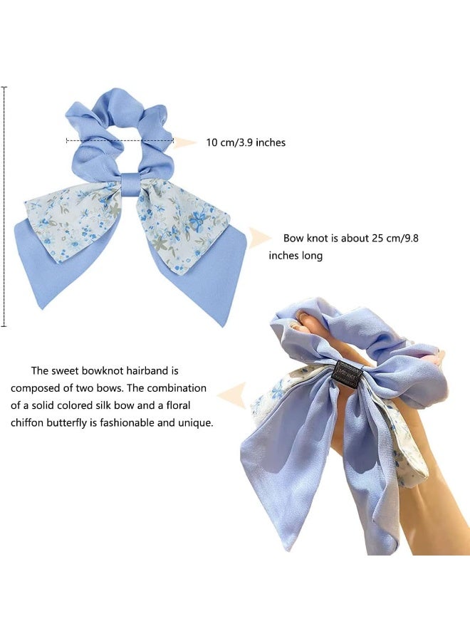 HZYH 4 Pcs Scrunchies for Girls, Fashion Floral Hair Scarf with Ribbon, Bow Hair Scrunchies, Chiffon Floral Scrunchy Long Hair Bands Ties, Hair Ties Scrunchies Ponytail - Image 2
