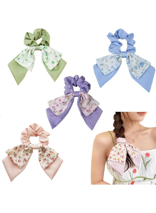 HZYH 4 Pcs Scrunchies for Girls, Fashion Floral Hair Scarf with Ribbon, Bow Hair Scrunchies, Chiffon Floral Scrunchy Long Hair Bands Ties, Hair Ties Scrunchies Ponytail - Image 1
