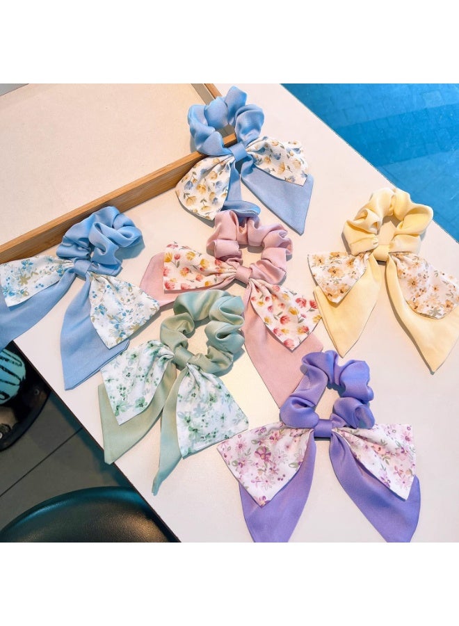 HZYH 4 Pcs Scrunchies for Girls, Fashion Floral Hair Scarf with Ribbon, Bow Hair Scrunchies, Chiffon Floral Scrunchy Long Hair Bands Ties, Hair Ties Scrunchies Ponytail - Image 4