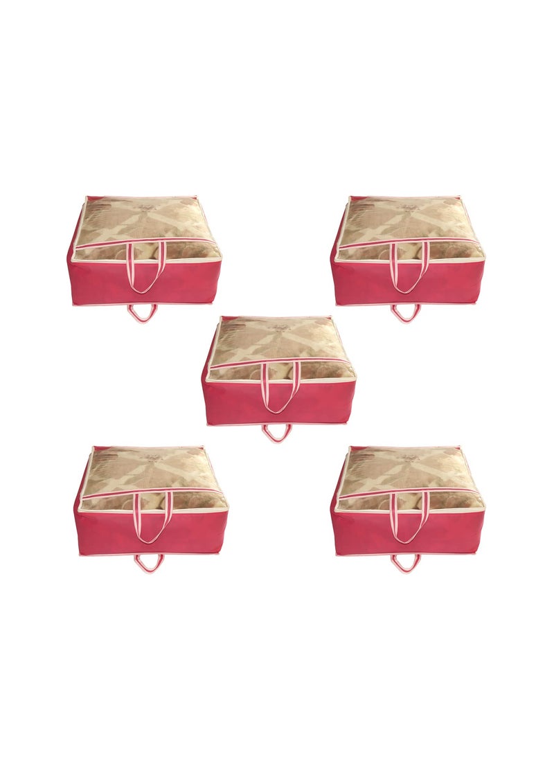 AARON INC AARON INC Presents Non Woven Blanket Storage Bag With Front Handle Large Transparent Clear Window Large Size Storage Bag Cover Under Bed Storage Pink Pack of 5  - Image 1
