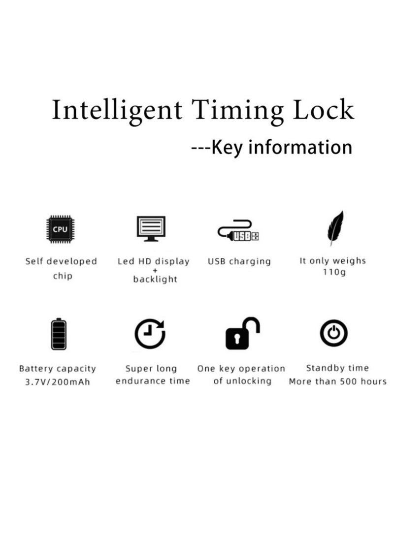 USB Rechargeable Metal Timer Lock with LCD Display, Multi-Function Electronic Timer, Max 99 Hours Timing