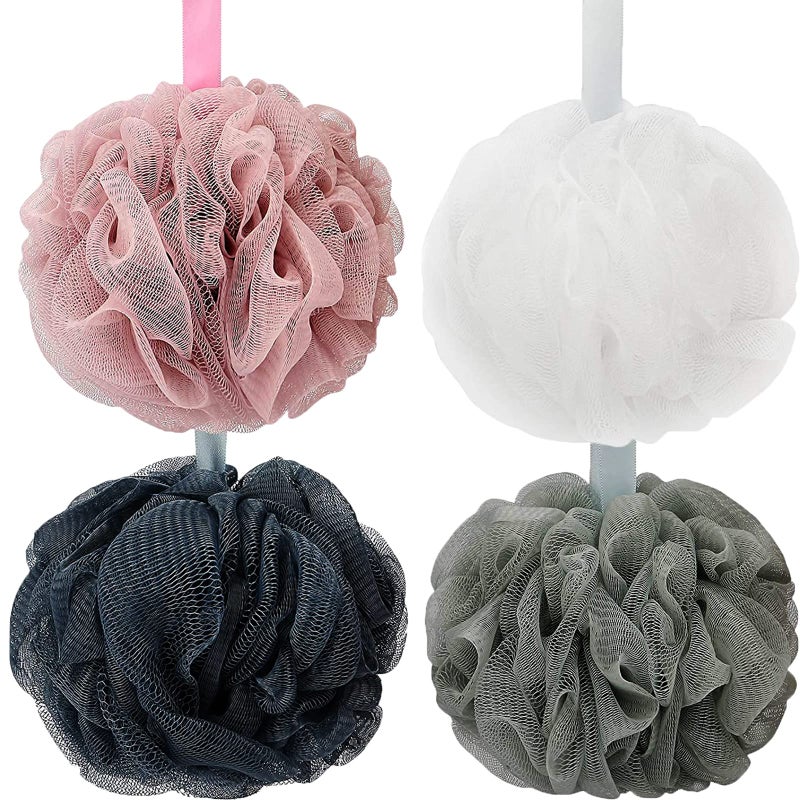 DadyMart Bath Shower Loofah Sponge 60g Bath Mesh Pouf Shower Ball Body Scrubber Exfoliating Bath Sponge for Women and Men Set of 4 Drak GreyPinkGreyWhite