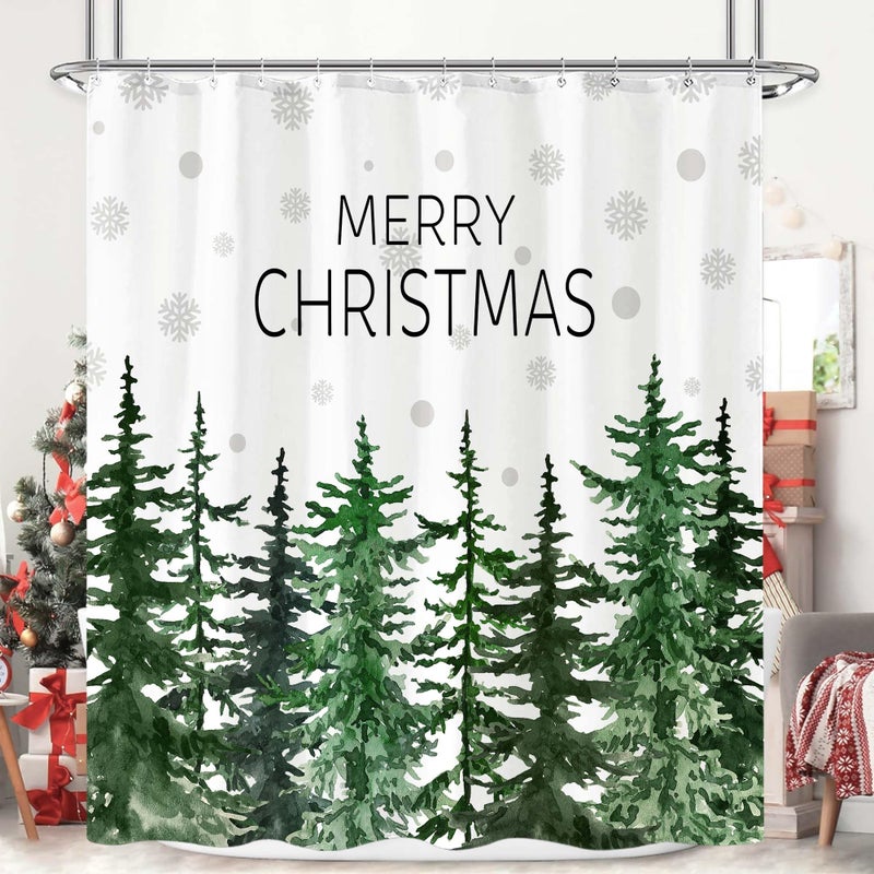 Accnicc Christmas Shower Curtain Winter Snowflake Pine Tree Shower Curtains for Bathroom Green Forest Xmas Trees Waterproof Fabric Bath Curtain Decor 72 X 72 Inch - Image 2