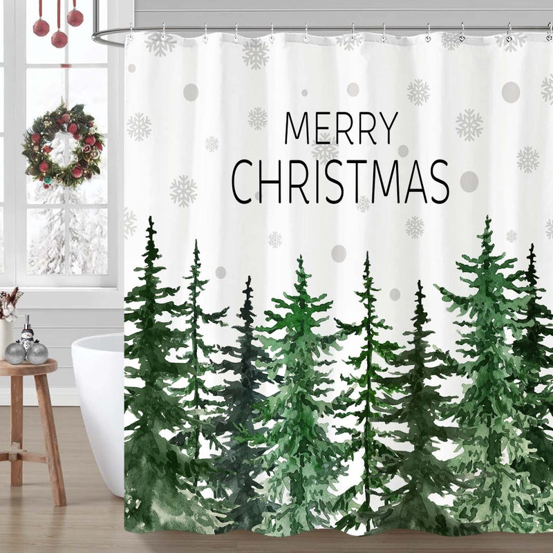 Accnicc Christmas Shower Curtain Winter Snowflake Pine Tree Shower Curtains for Bathroom Green Forest Xmas Trees Waterproof Fabric Bath Curtain Decor 72 X 72 Inch - Image 1