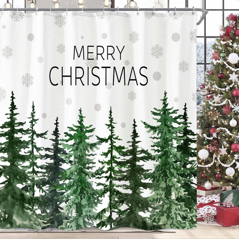 Accnicc Christmas Shower Curtain Winter Snowflake Pine Tree Shower Curtains for Bathroom Green Forest Xmas Trees Waterproof Fabric Bath Curtain Decor 72 X 72 Inch - Image 4