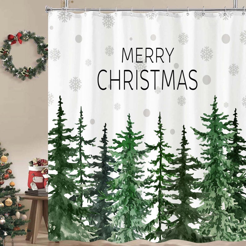 Accnicc Christmas Shower Curtain Winter Snowflake Pine Tree Shower Curtains for Bathroom Green Forest Xmas Trees Waterproof Fabric Bath Curtain Decor 72 X 72 Inch - Image 3