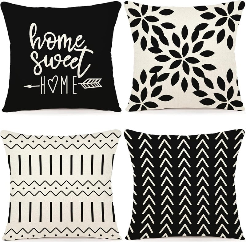 4 Pack Linen Pillow Covers, Black Decorative Throw Pillow Case | Invisible zipper, fade-resistant, breathable, machine washable, indoor outdoor, no insert, 45x45cm - Image 1