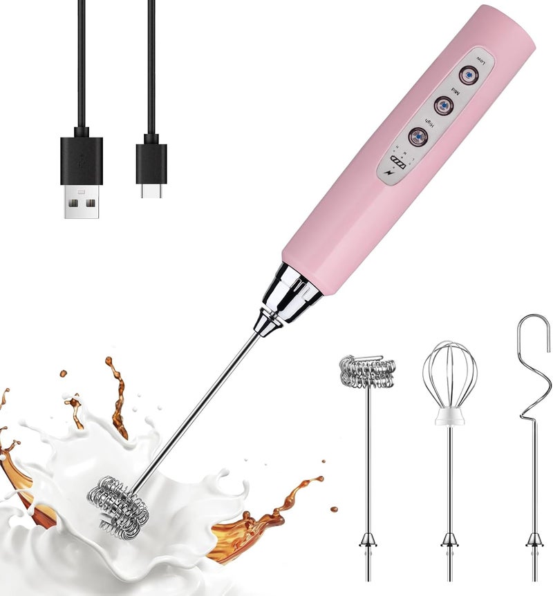 YUSWKO خلاط الحليب اليدوي الوردي من مع 3 رؤوس، خفاقة القهوة، خلاط رغوة المشروبات مع شحن USB و3 سرعات، الخلاط اليدوي الكهربائي للاتيه والكابتشينو والشوكولاتة الساخنة والبيض - Image 1