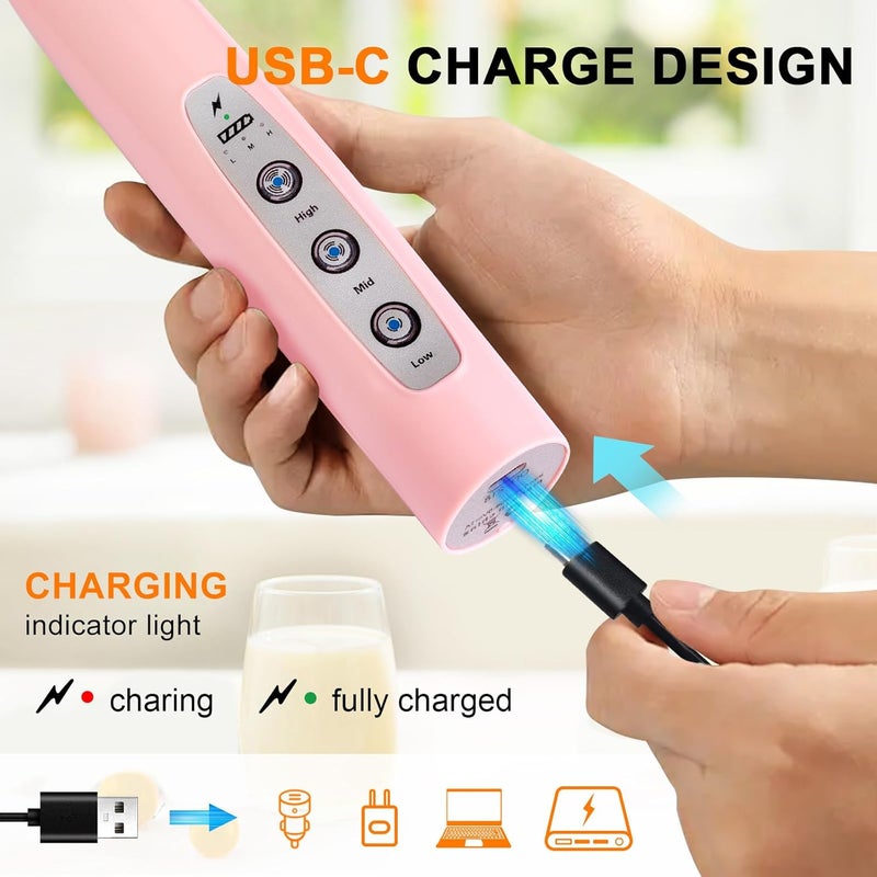 YUSWKO خلاط الحليب اليدوي الوردي من مع 3 رؤوس، خفاقة القهوة، خلاط رغوة المشروبات مع شحن USB و3 سرعات، الخلاط اليدوي الكهربائي للاتيه والكابتشينو والشوكولاتة الساخنة والبيض - Image 2